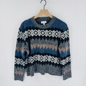 Evereve‎ Fair Isle Fuzzy Knit Sweater Blue Gray Neutral Pattern Pullover XS